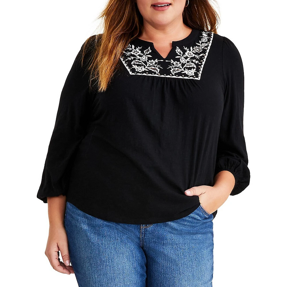 Plus Embroidered Splitneck Cotton Top