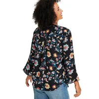 Bell-Sleeve Pleated Floral Top