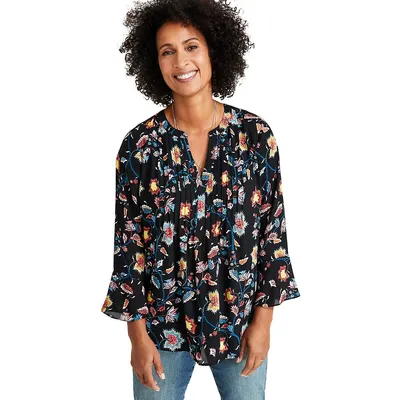 Bell-Sleeve Pleated Floral Top