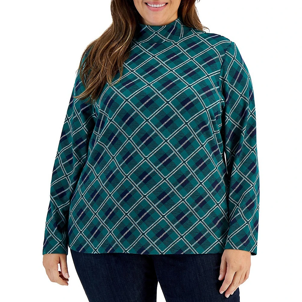 Plus Relaxed Drawn Plaid Mockneck Top