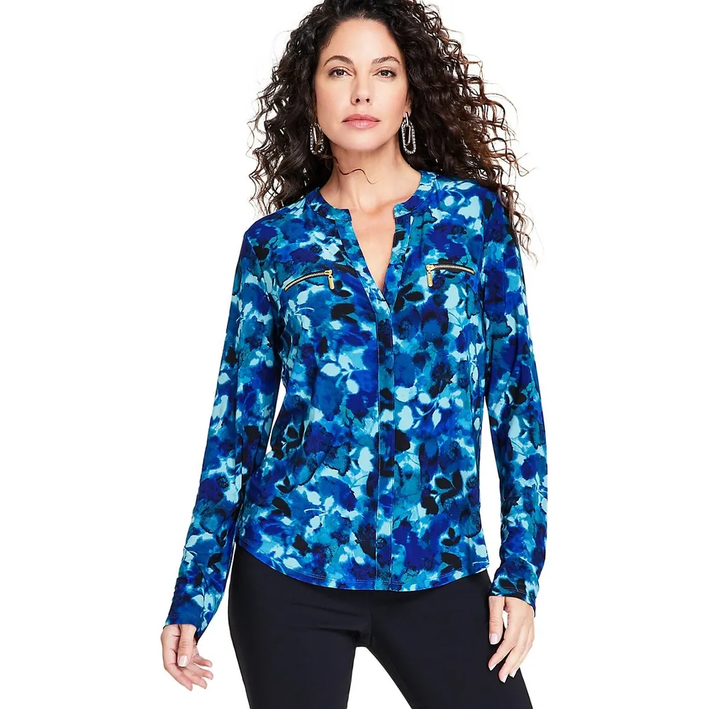 Quinn Floral-Print Zip-Pocket Top