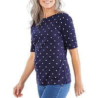 Heart-Print Elbow-Sleeve Knit Top