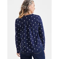 Petite Winter Placement-Print Splitneck Top