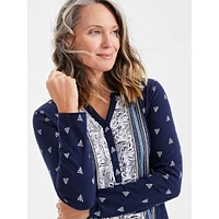 Petite Winter Placement-Print Splitneck Top