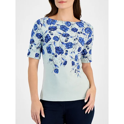 Petite Blooming Peony Elbow-Sleeve Top