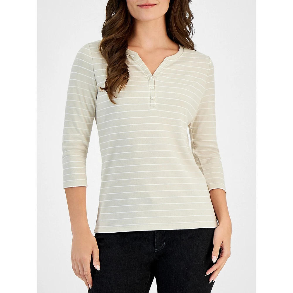 Petite North Stripe Three-Quarter-Sleeve Henley Top