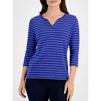 Petite North Stripe Three-Quarter-Sleeve Henley Top