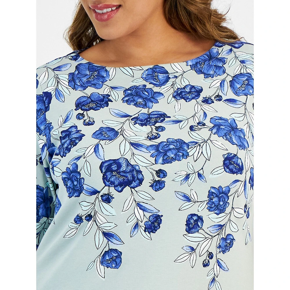 Plus Blooming Peony Elbow-Sleeve Top