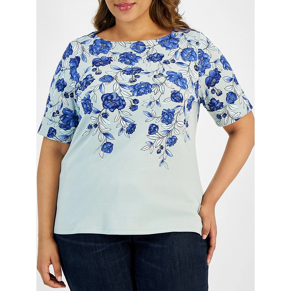 Plus Blooming Peony Elbow-Sleeve Top