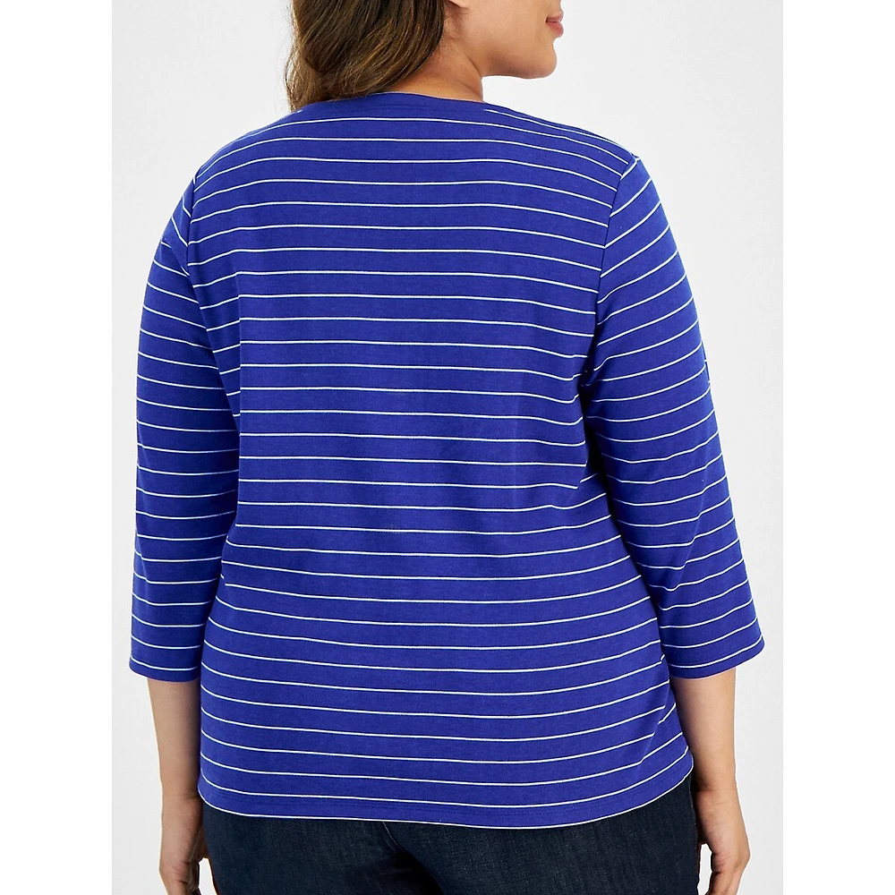 Plus North Stripe Three-Quarter-Sleeve Henley Top