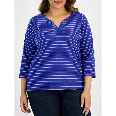 Plus North Stripe Three-Quarter-Sleeve Henley Top