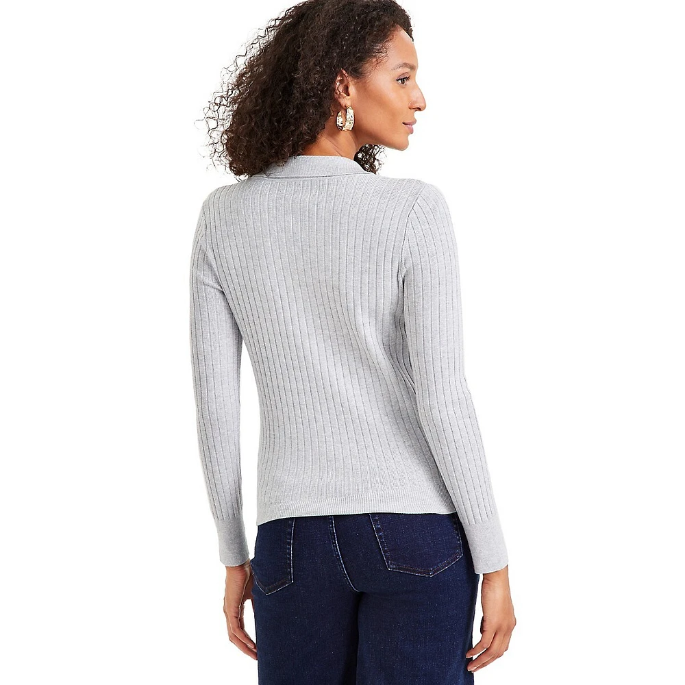 Johnny-Collar Ribbed Sweater