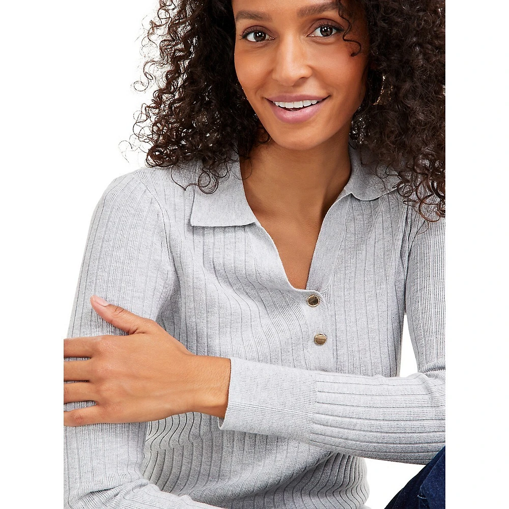 Johnny-Collar Ribbed Sweater