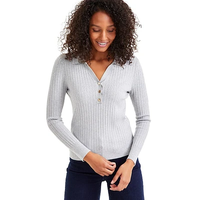 Johnny-Collar Ribbed Sweater