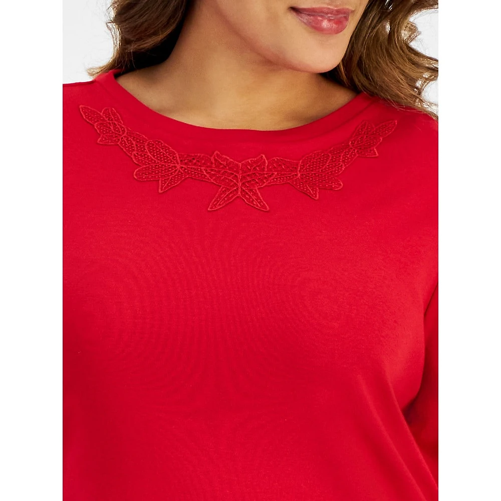 Plus Lace Appliqué Long-Sleeve Cotton Top