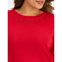 Plus Lace Appliqué Long-Sleeve Cotton Top