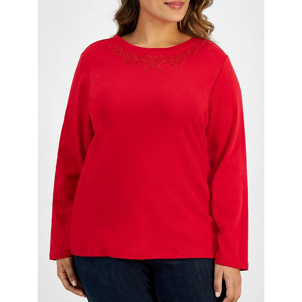 Plus Lace Appliqué Long-Sleeve Cotton Top