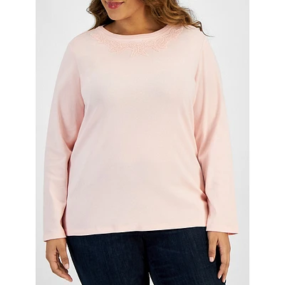 Plus Lace Appliqué Long-Sleeve Cotton Top