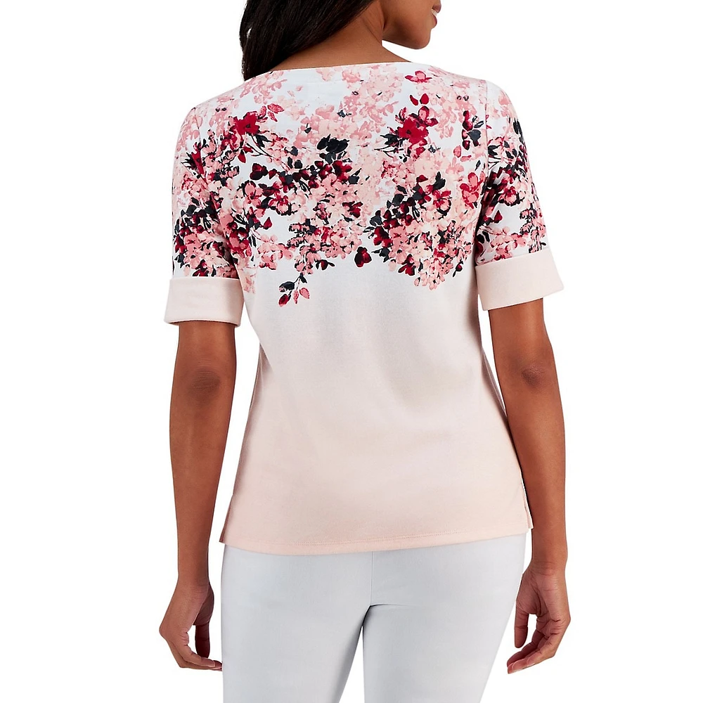 Painted Floral Elbow-Sleeve Top