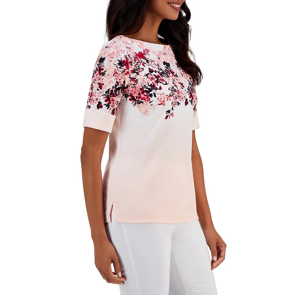 Painted Floral Elbow-Sleeve Top