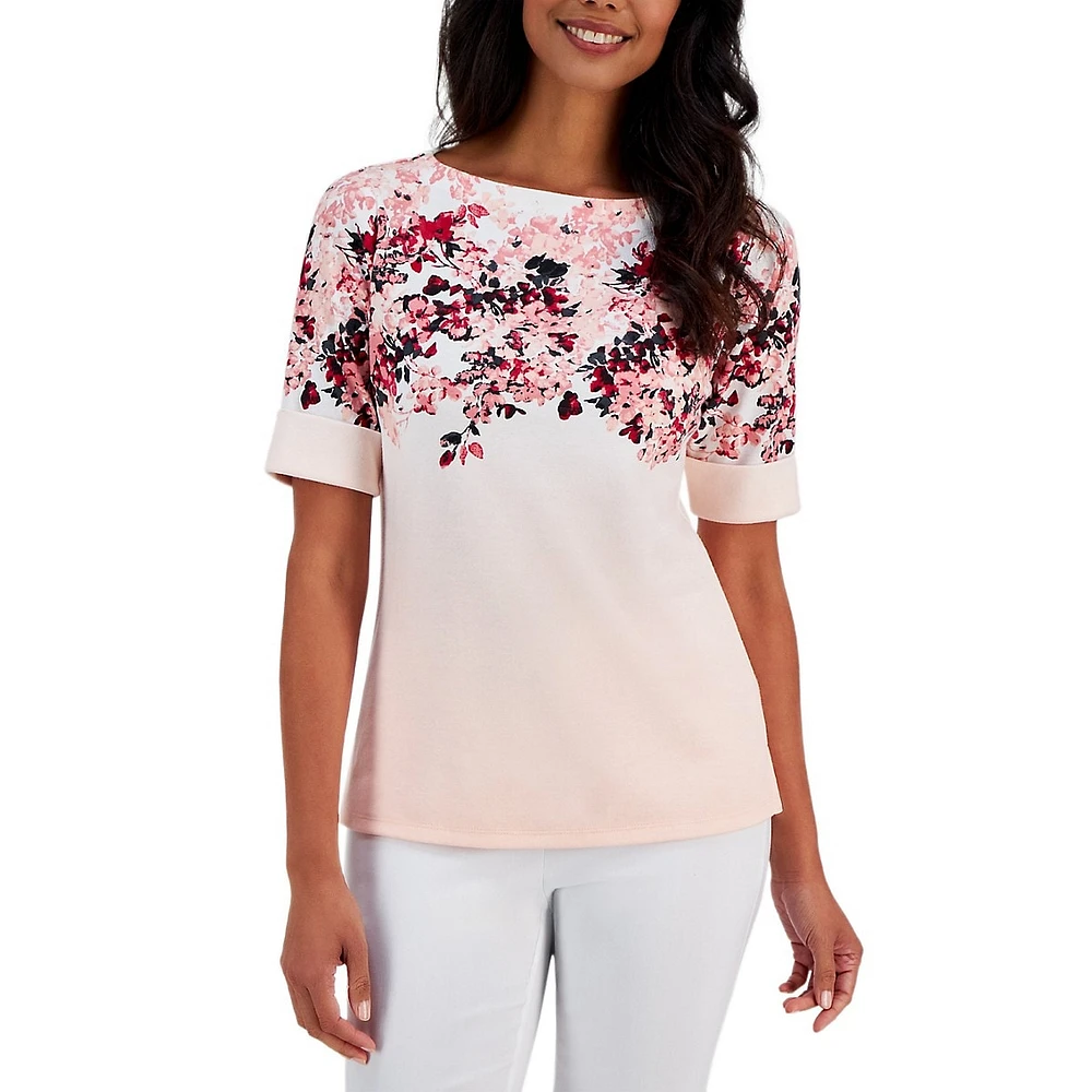 Painted Floral Elbow-Sleeve Top