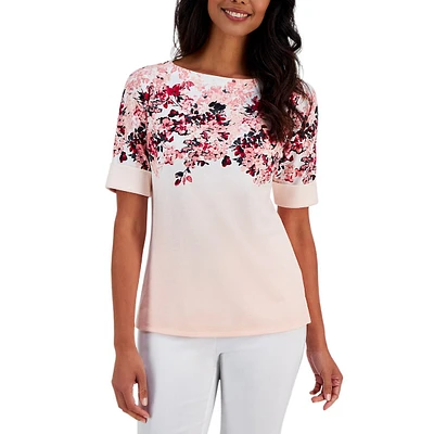 Painted Floral Elbow-Sleeve Top