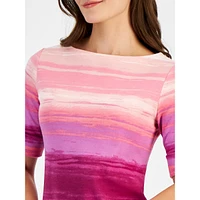 Faded Dye Striped Elbow-Sleeve Top