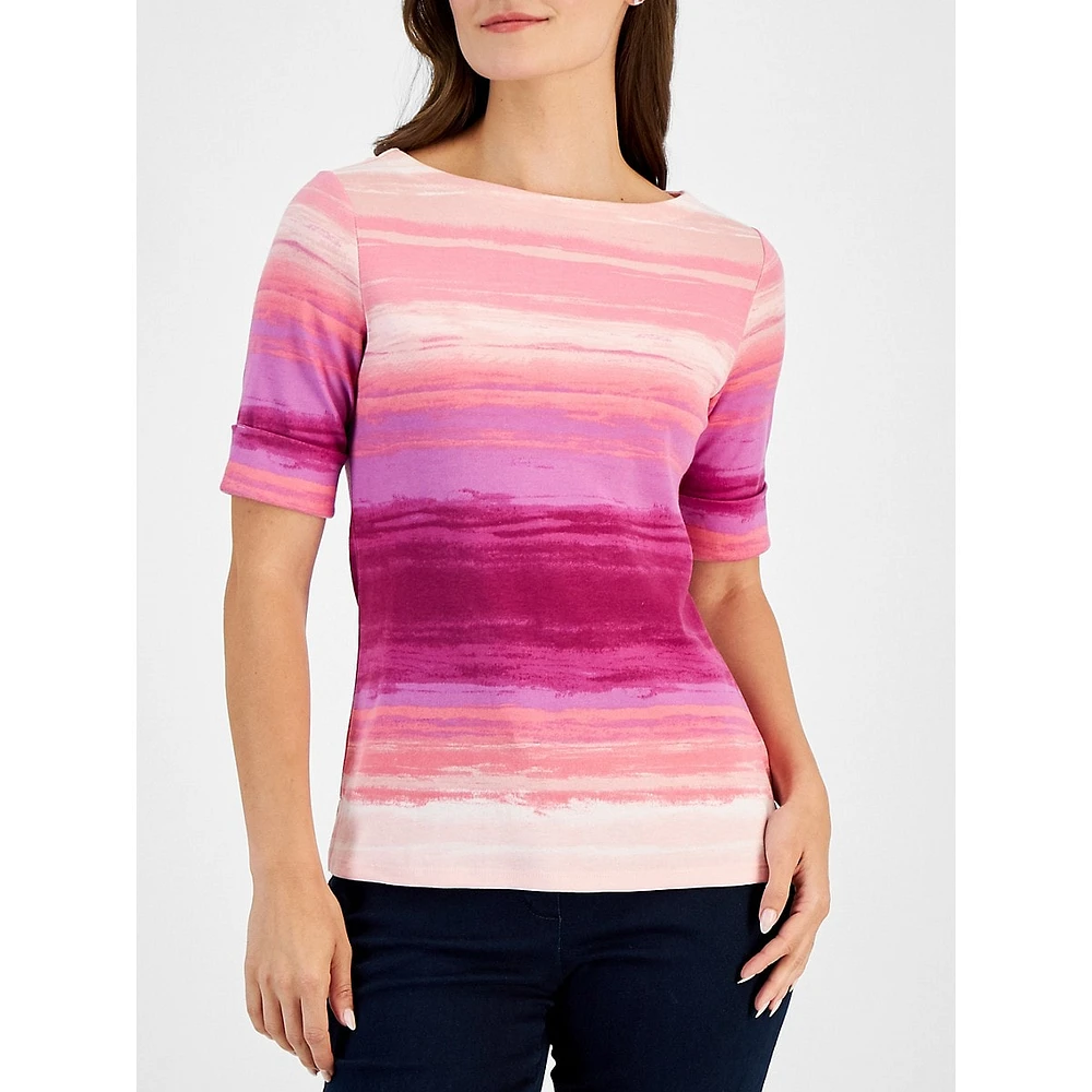 Faded Dye Striped Elbow-Sleeve Top