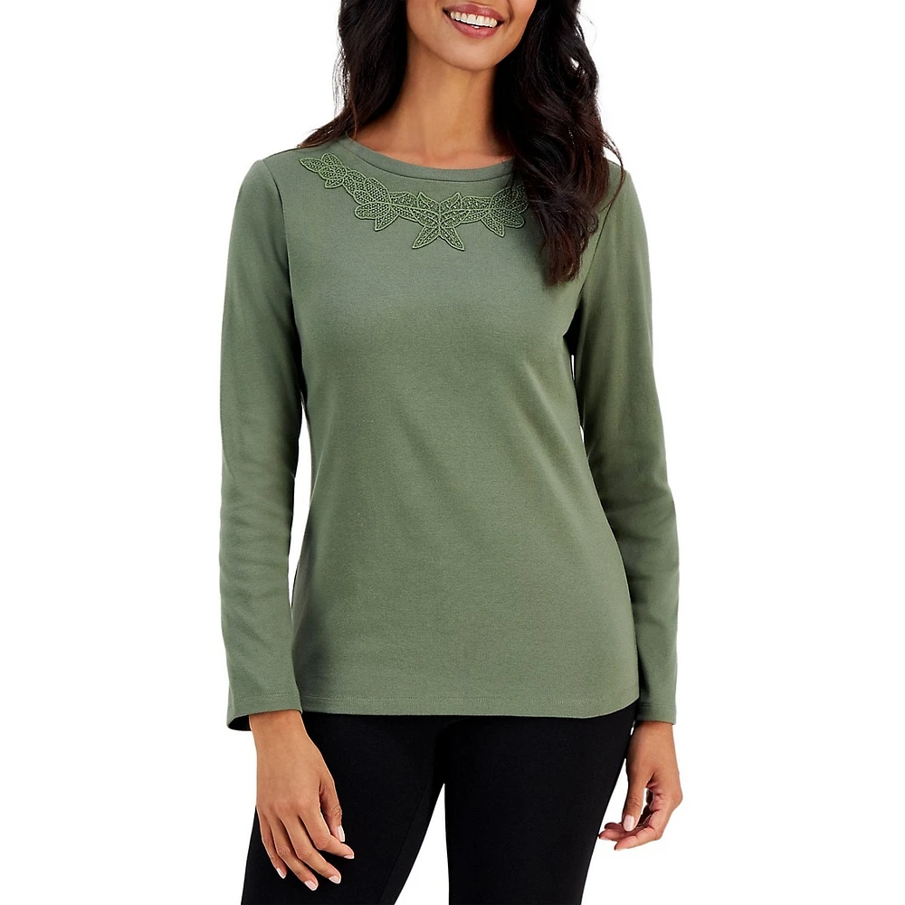 Tonal Lace-Trim Long-Sleeve Top