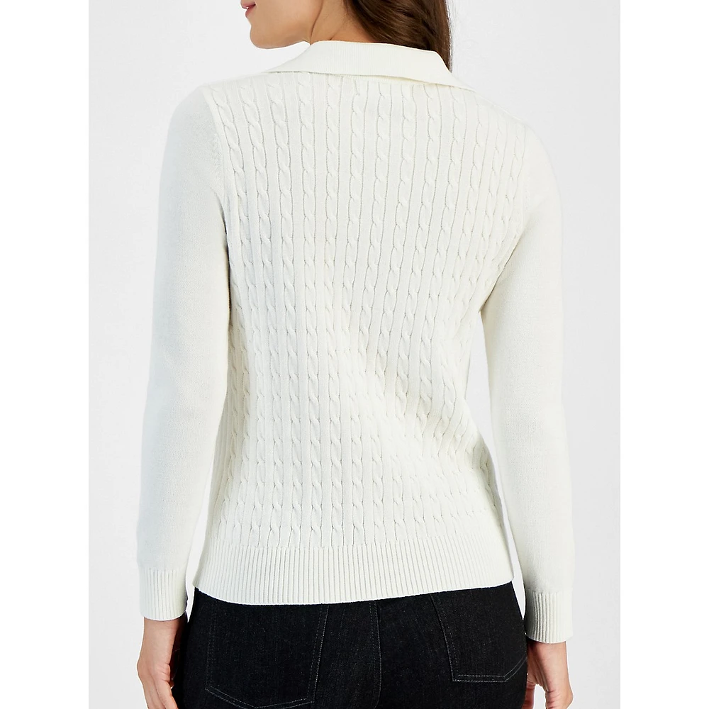 Petite Johnny-Collar Cotton Cable-Knit Sweater