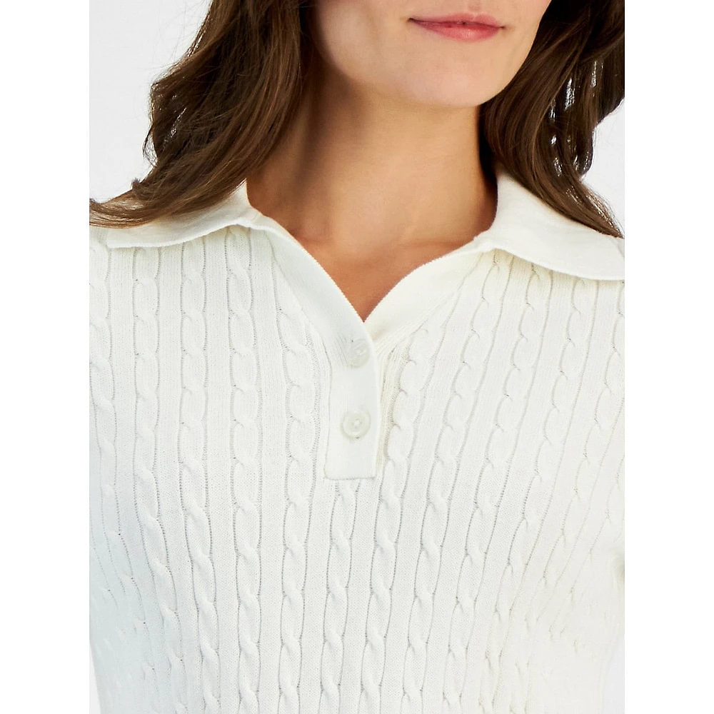 Petite Johnny-Collar Cotton Cable-Knit Sweater