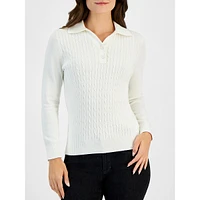 Petite Johnny-Collar Cotton Cable-Knit Sweater