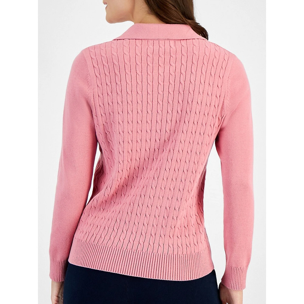 Petite Johnny-Collar Cotton Cable-Knit Sweater