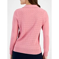 Petite Johnny-Collar Cotton Cable-Knit Sweater