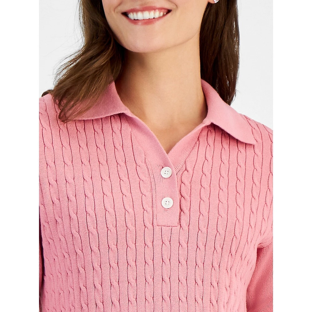 Petite Johnny-Collar Cotton Cable-Knit Sweater