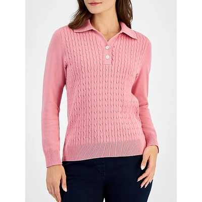 Petite Johnny-Collar Cotton Cable-Knit Sweater