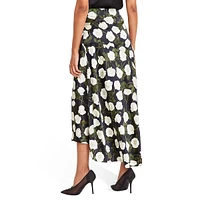 Rose-Print Satin Asymmetric Midi Skirt