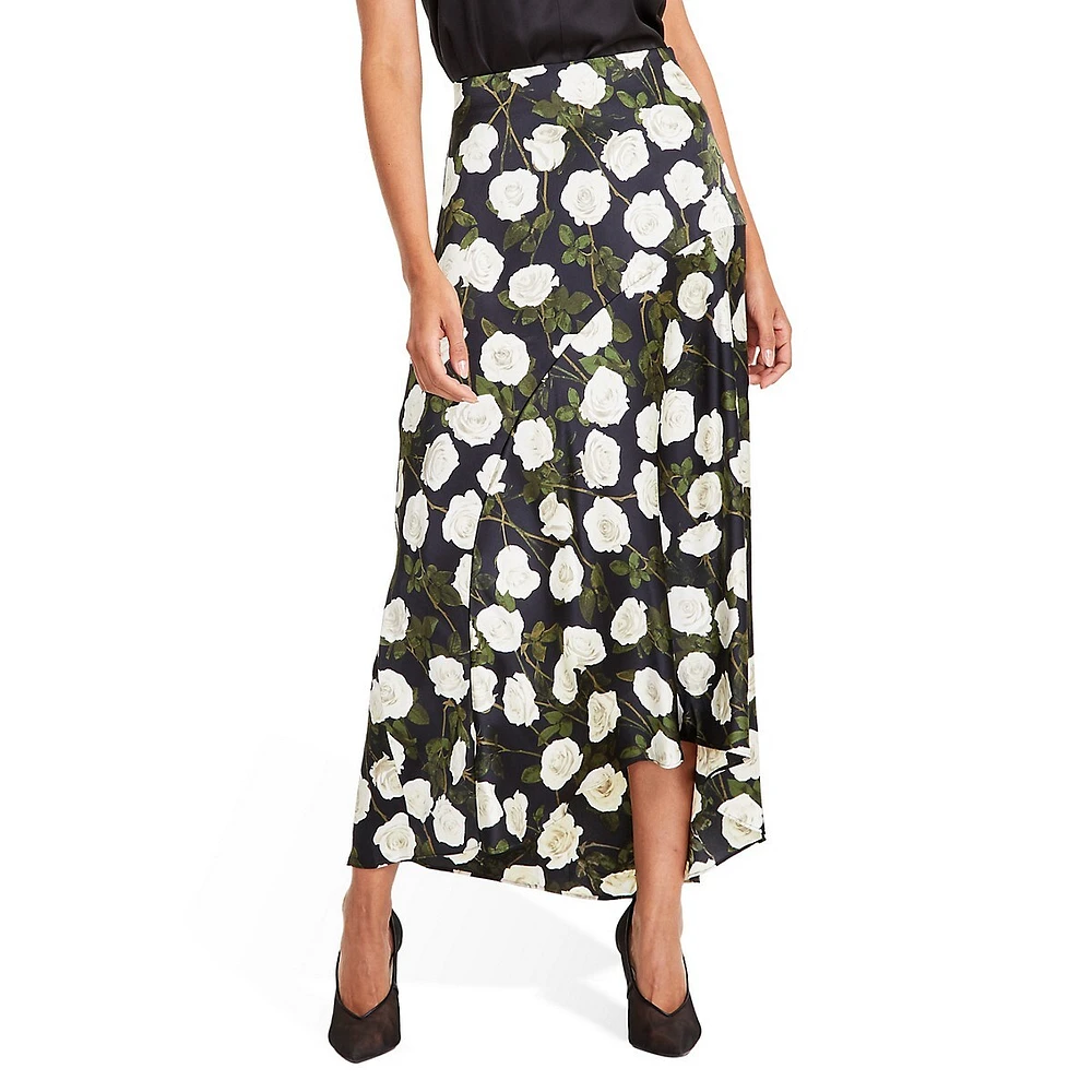 Rose-Print Satin Asymmetric Midi Skirt