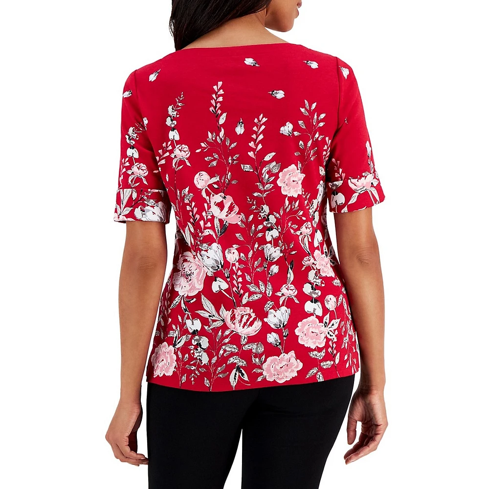 Petite Elegant Garden Elbow-Sleeve Top