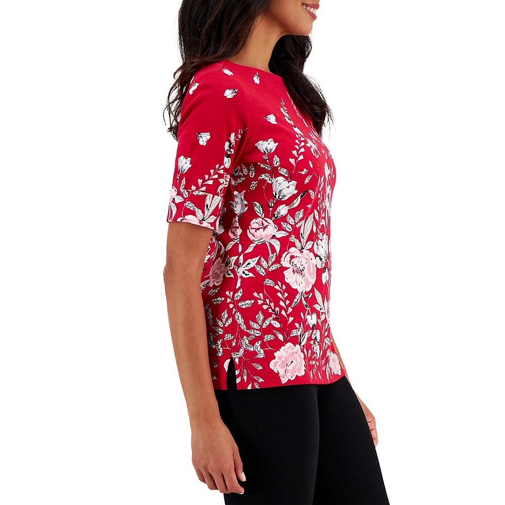 Petite Elegant Garden Elbow-Sleeve Top