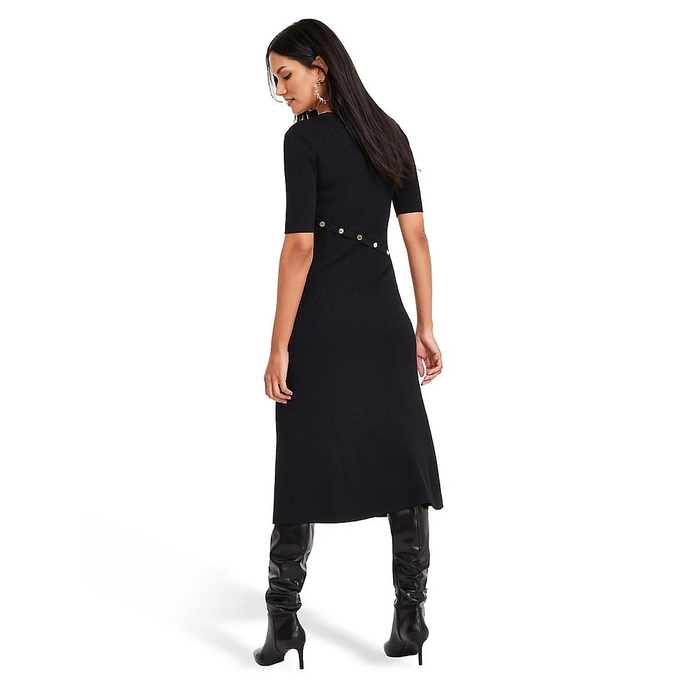 Short-Sleeve Ribbed Midi Sweater Dress