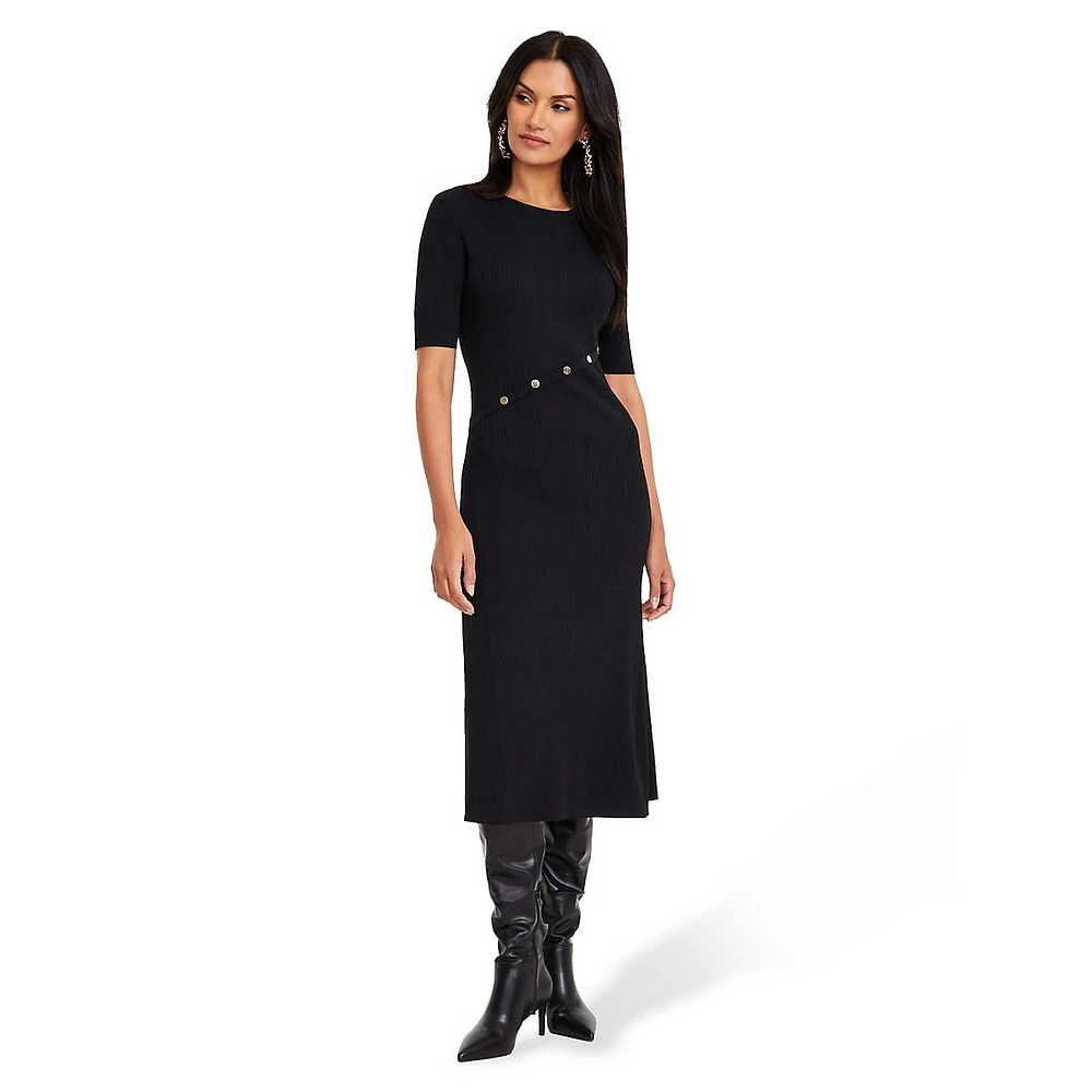 Short-Sleeve Ribbed Midi Sweater Dress