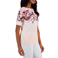 Petite Painted Floral Elbow-Sleeve Top