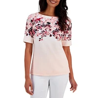 Petite Painted Floral Elbow-Sleeve Top