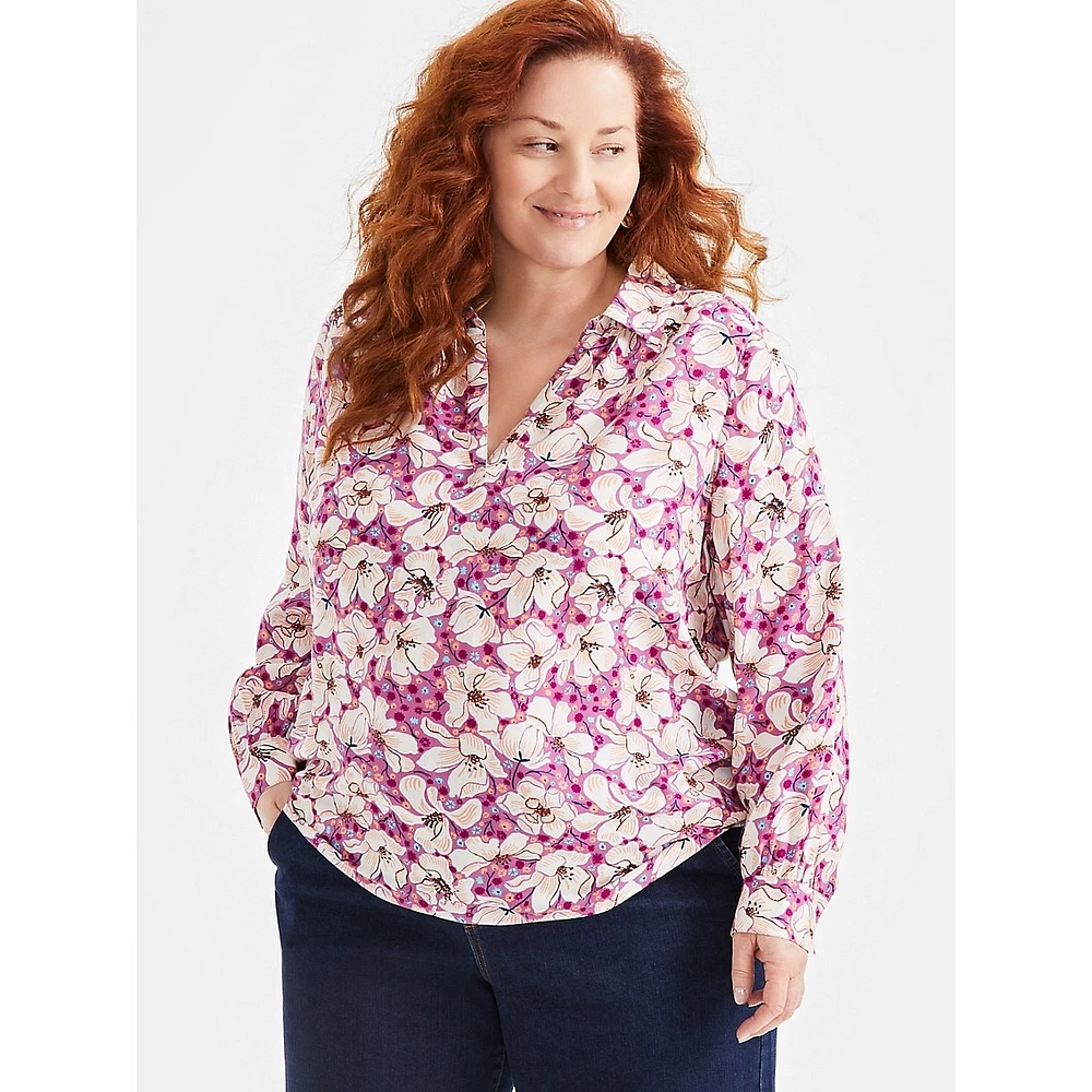 Plus Johnny-Collar Floral Blouse