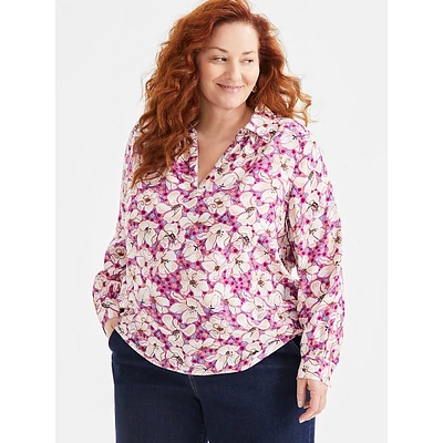 Plus Johnny-Collar Floral Blouse