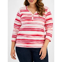 Plus Waterview-Stripe Three-Quarter-Stripe Henley Top