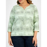 Plus Tarten-Tile Three-Quarter-Sleeve Henley Top