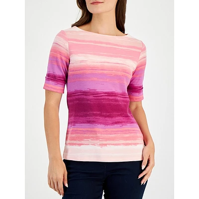 Petite Faded Dye Striped Elbow-Sleeve Top