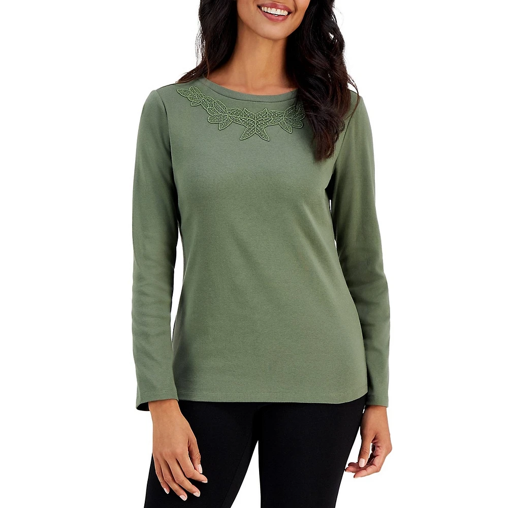 Petite Tonal Lace-Trim Long-Sleeve Top